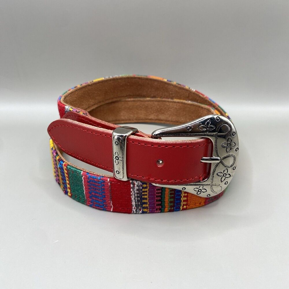 Ribco Belt Red Genuine Leather Size Youth M/L Multicolored Woven Tapestry Fabric